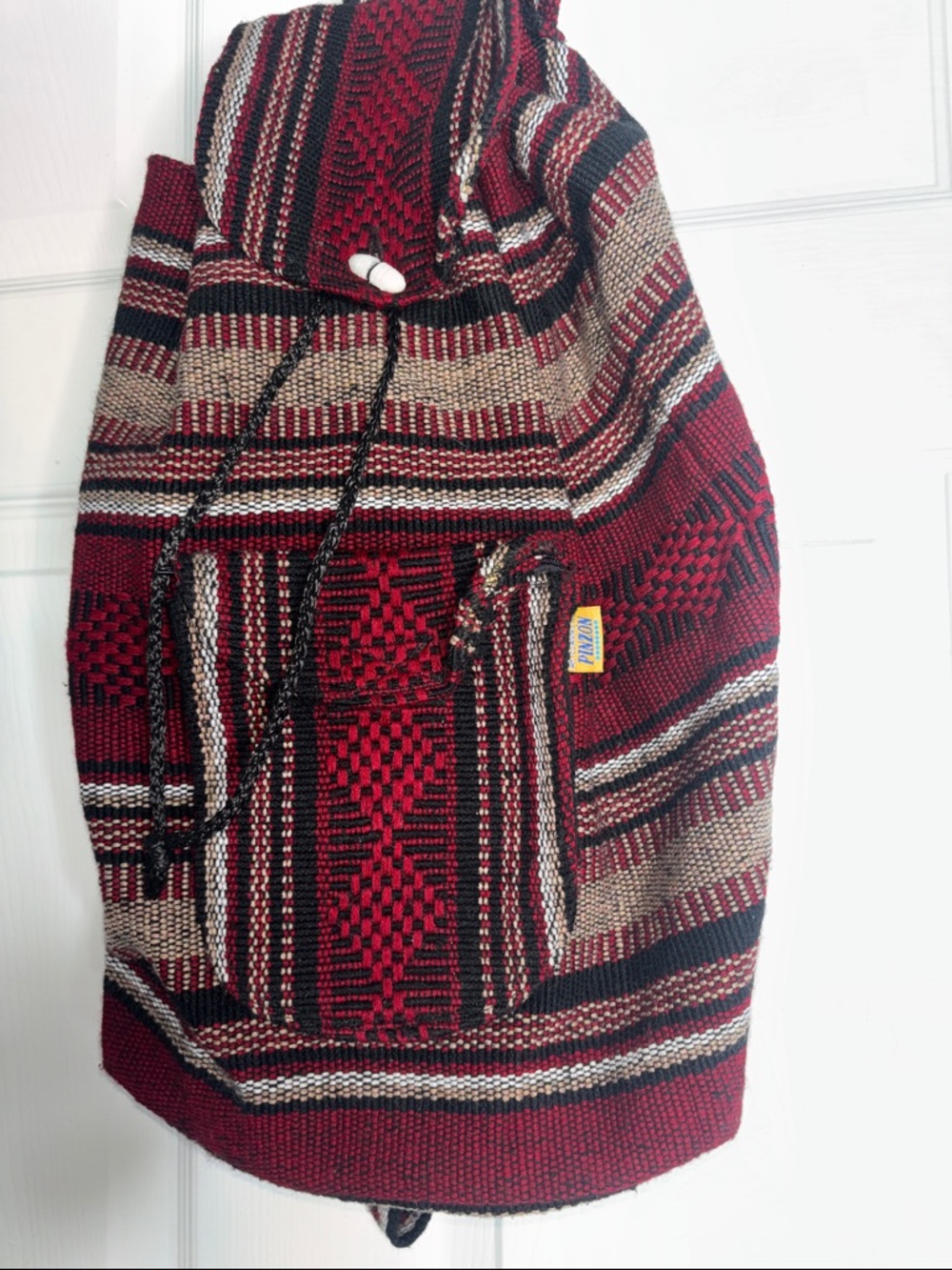 Red Woven Drawstring Backpack with Front Pocket